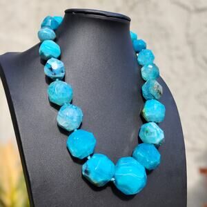 Lucas Lameth Blue Dragon Vein Agate Necklace LUC 925 Chunky Faceted Large Bead